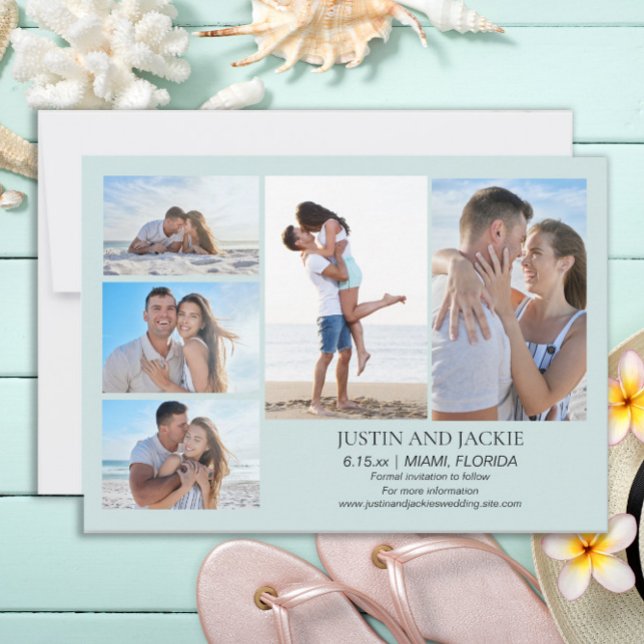 Reserva La Fecha Tropical Blue 5 Foto Boda Save Date    (Tropical beach blue wedding photo Save the Date card)