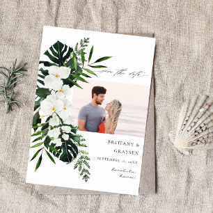 Reserva La Fecha Tropical Palm & White Floral Save the Date Photo