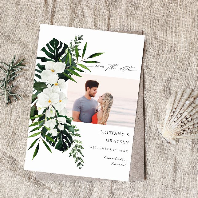 Reserva La Fecha Tropical Palm & White Floral Save the Date Photo (Subido por el creador)