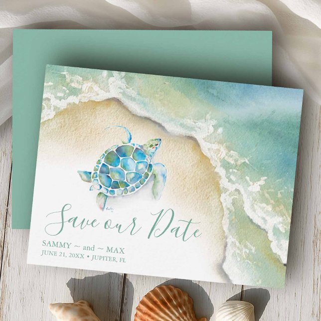 Reserva La Fecha Tropical Salva la Fecha con Tortuga Marina de Acua (Beach wedding save the dates watercolor sea turtle and ocean waves design by Victoria Grigaliunas)