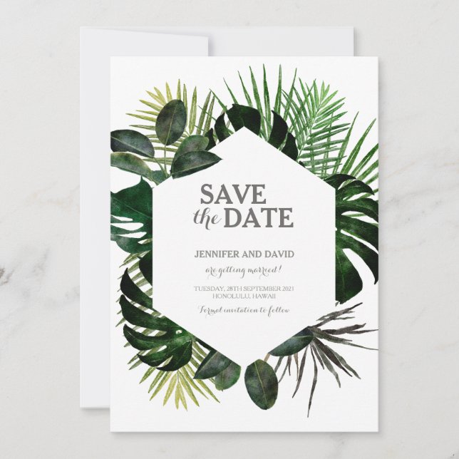 Reserva La Fecha Tropical Save The Date Calendar Fern Monstera Leaf (Anverso)