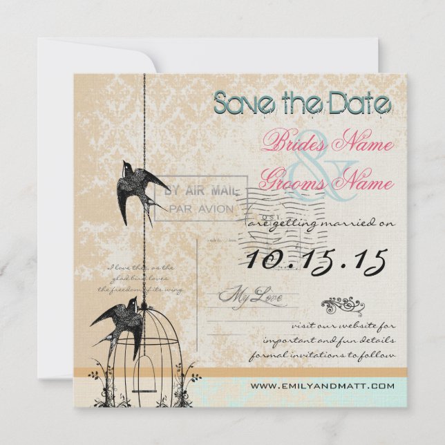 Reserva La Fecha Tu foto Damask Bird Cage Wedding Save the Date (Anverso)
