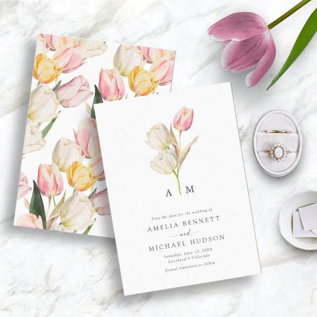 Reserva La Fecha Tulipán Elegante Salvar la Fecha (Watercolor Tulip Monogrammed Save The Date by Painted Paperie)