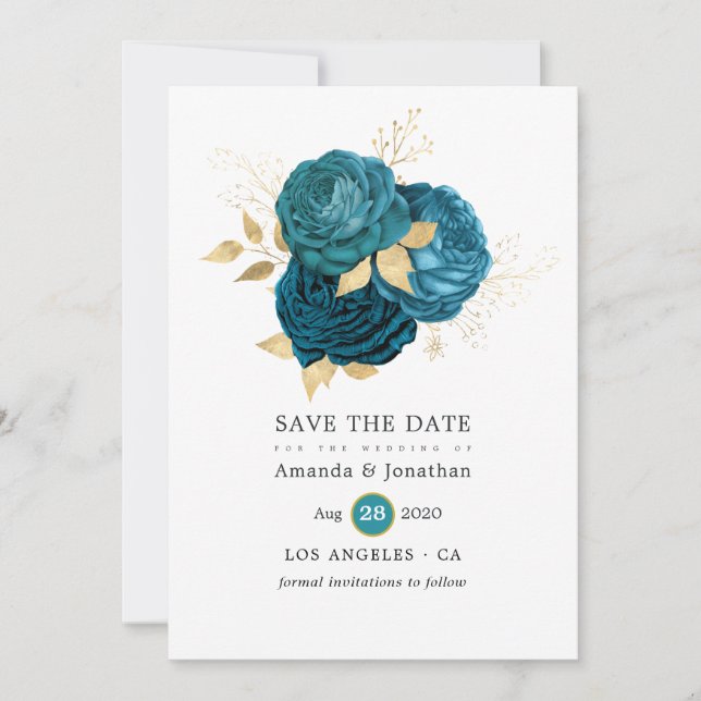 Reserva La Fecha Turquesa - Boda floral de turquesa y dorado (Anverso)