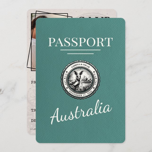 Reserva La Fecha Turquoise Australia Passport Save the Date (Anverso / Reverso)