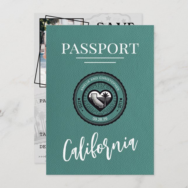 Reserva La Fecha Turquoise California Passport Save the Date (Anverso / Reverso)