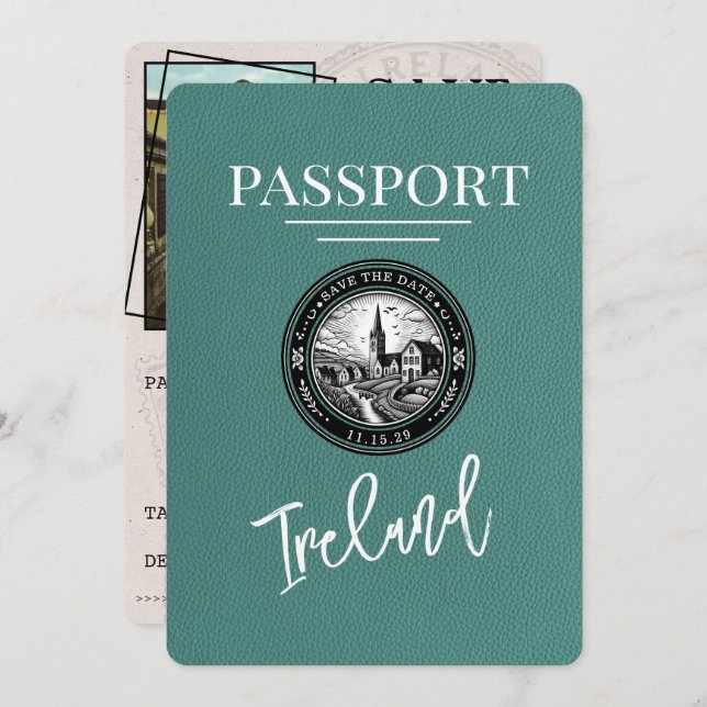 Reserva La Fecha Turquoise Ireland Passport Save the Date (Anverso / Reverso)