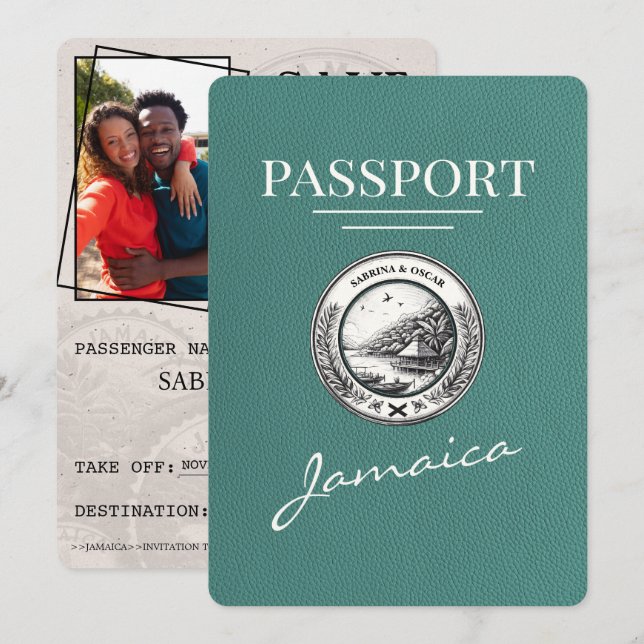 Reserva La Fecha Turquoise Jamaica Passport Save the Date (Anverso / Reverso)