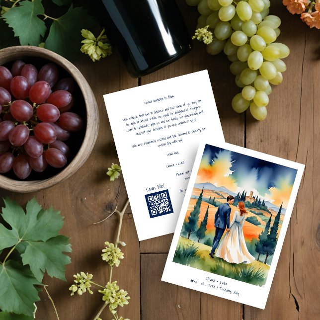 Reserva La Fecha Tuscany Italy Colorful Field Landscape Wedding  (Tuscany Italy Colorful Field Landscape Wedding Couple Illustration Save the Dates Cards.)