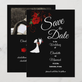 Reserva La Fecha Tuxedo Suit & Bride Silhouette Boda de Rosas Rojas