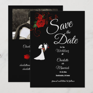 Reserva La Fecha Tuxedo Suit & Bride Silhouette Boda de Rosas Rojas