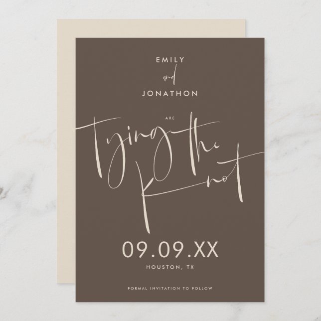 Reserva La Fecha Tying the Knot Elegant Script Cream Brown (Anverso / Reverso)