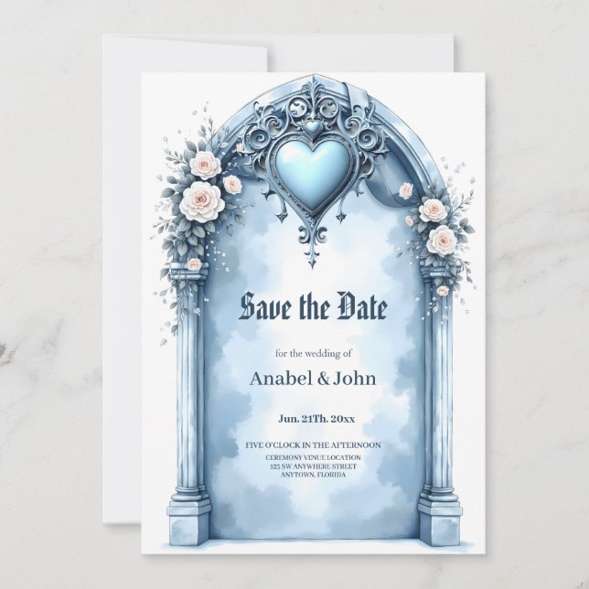 Reserva La Fecha Un arco azul claro ornamentado con acentos florale (Anverso)