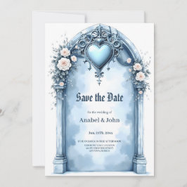 Reserva La Fecha Un arco azul claro ornamentado con acentos florale