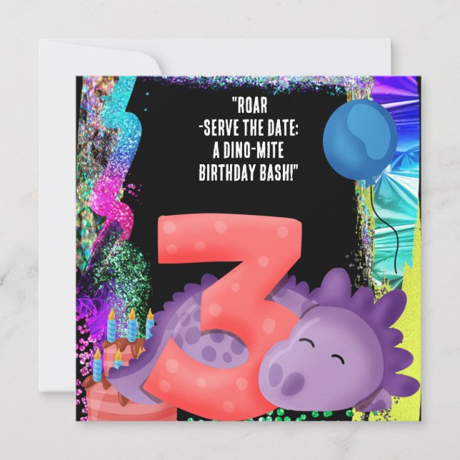 Reserva La Fecha Un tercer Fiesta de cumpleaños de dinosaurio (Anverso)