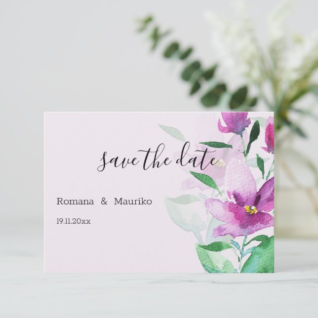 Reserva La Fecha Unicidad De Flores De Arte De Acuarela Violeta (Anverso de pie)