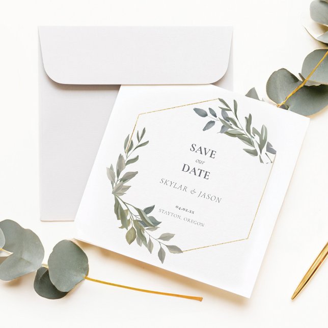 Reserva La Fecha Vegetación mínima de hojas y solárium geométrico d (Minimal Leaf Greenery & Gold Geometric Terrarium Save The Date)