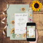 Reserva La Fecha Verano Vintage Floral de girasol Guardar la tarjet<br><div class="desc">Esto ahorra el diseño de la tarjeta de fecha con un bello marco de girasoles de color agua suave y otros florales de verano sobre un suave sabio fondo verde. Es romántico con un toque de cosecha. Creado por Simply Farmhouse Press, es parte de la Vieja Suite de tarjetas de...</div>