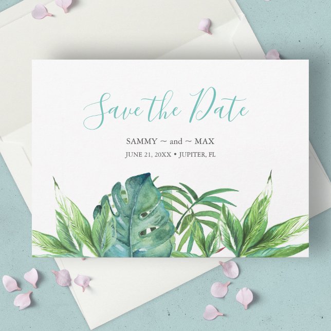 Reserva La Fecha Verde Acuarela Chic Tropical Salva la Fecha (tropical beach wedding save the date invitation card features watercolor tropical leaves, )