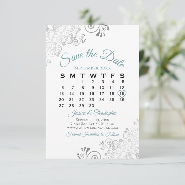 Reserva La Fecha Verde azulado calendario de bodas gris y blanco si (Anverso de pie)