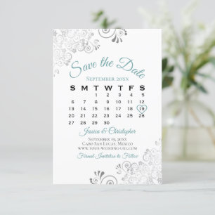 Reserva La Fecha Verde azulado calendario de bodas gris y blanco si