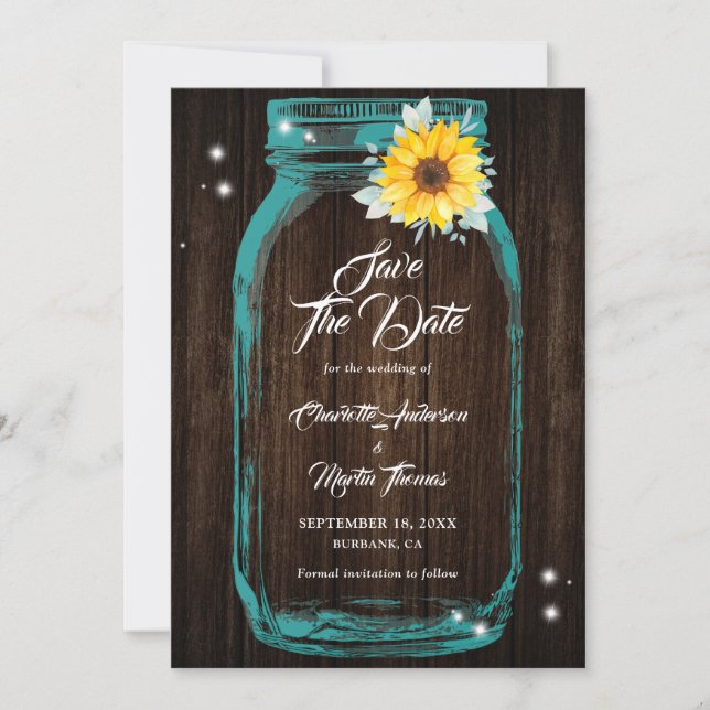 Reserva La Fecha Verde azulado ruso Mason Jar Wood Sunflower Boda (Anverso)