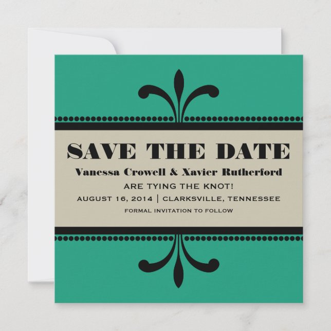 Reserva La Fecha Verde/Beige Fancy Art Deco Save the Date Invite (Anverso)