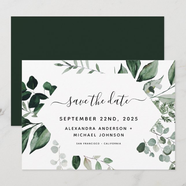 Reserva La Fecha Verde Botánico Foliage Aquarela Boda Save (Anverso / Reverso)