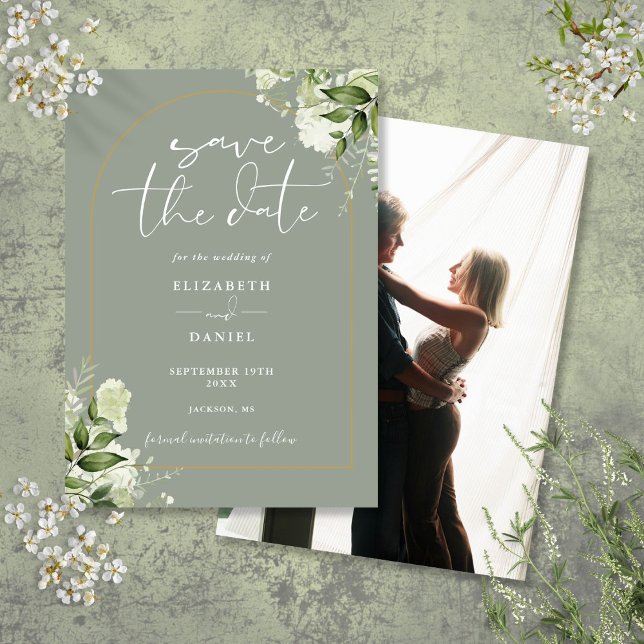 Reserva La Fecha Verde Esmeralda Arco Dorado Foto Boda Verde (Greenery Gold Arch Photo Sage Green Wedding Save The Date)
