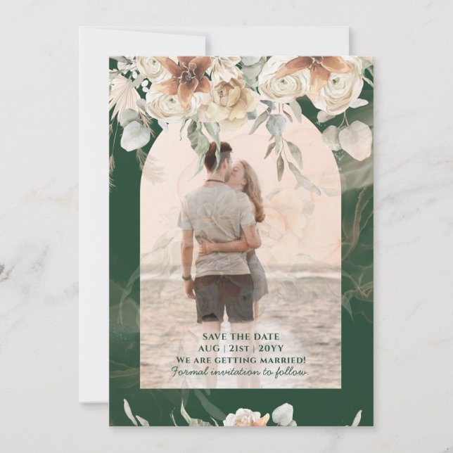 Reserva La Fecha Verde Esmeralda BOHO Terracota Bodas Florales (Anverso)