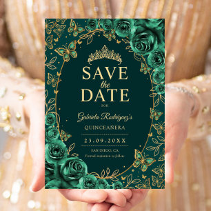 Reserva La Fecha Verde Esmeralda Quinceañera Floral Dorada