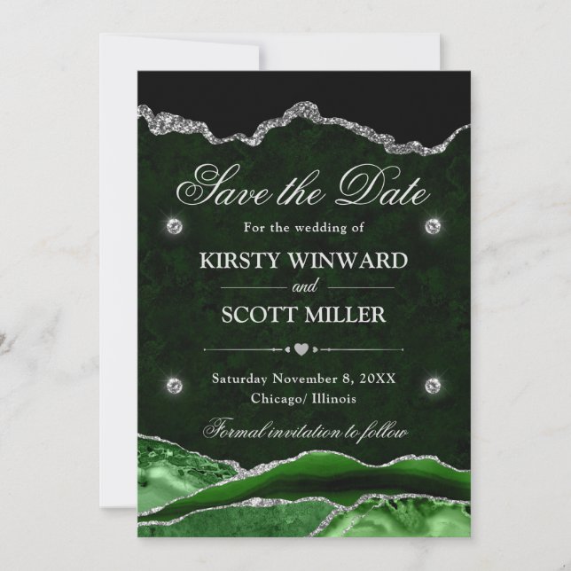 Reserva La Fecha Verde Glitter de Mármol Amatista Save the Date (Anverso)