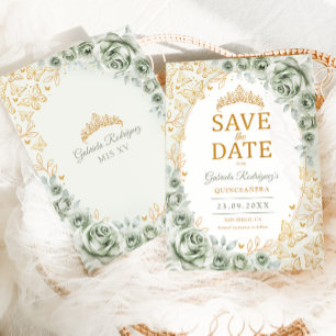 Reserva La Fecha Verde Menta Dorado Quinceañera Floral