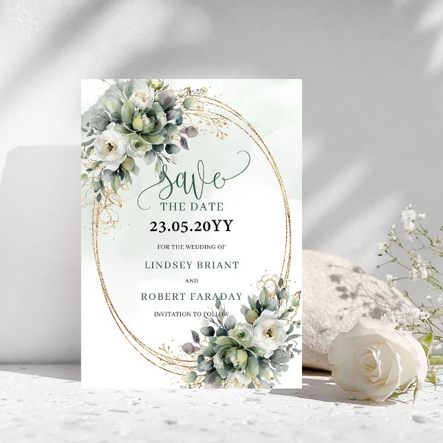 Reserva La Fecha Verde Polvoriento Eucalipto Save The Date (Dusty Green Eucalyptus Greenery Save The Date)
