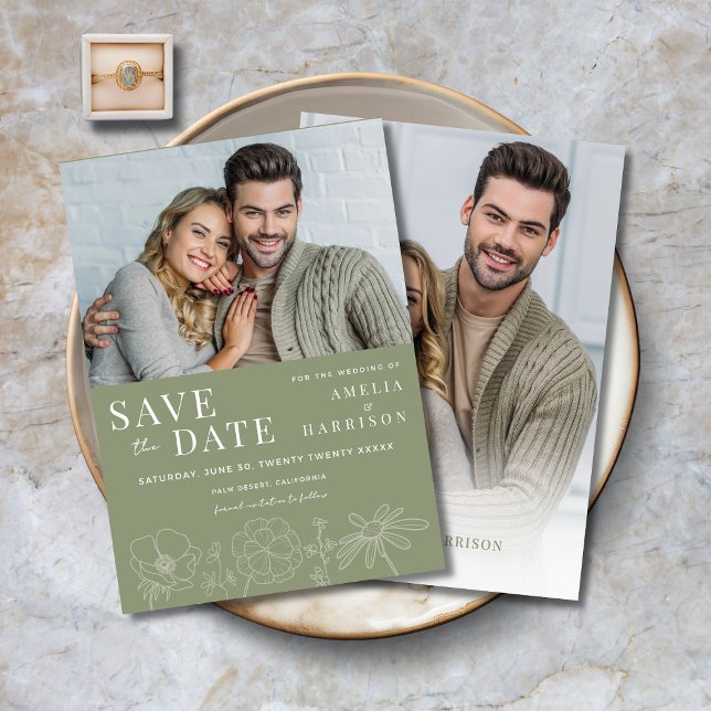 Reserva La Fecha Verde Salvia Floral Elegante Dos Fotos Boda (Sage Green Elegant Floral Two Photo Wedding Save the Date with Line Art Flowers.)