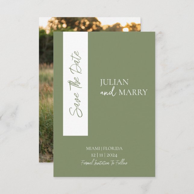 Reserva La Fecha VERDE SALVIA Minimalista con foto (Anverso / Reverso)