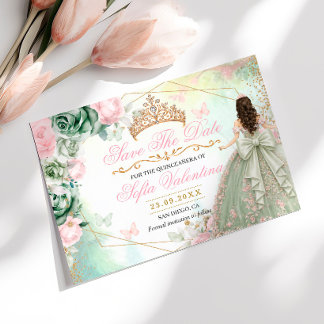 Reserva La Fecha Verde Salvia Rosado Floral Quinceanera