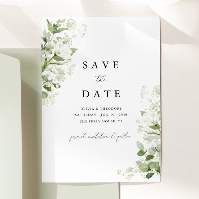 Reserva La Fecha Verde Salvia Vegetación Orgánica Acuarela de Boda (Sage green organic greenery wedding save the date card with watercolor botanical & modern elegant)