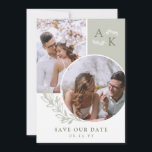 Reserva La Fecha Verde Salvia y Olivo Fotos Superpuestas<br><div class="desc">Tarjeta de aviso de boda de doble cara en blanco,  verde salvia y verde olivo con tus iniciales,  fotos superpuestas y vegetación con fuentes limpias y elegantes. Tarjeta de aviso de boda con diseño moderno personalizado con tu monograma y fotos,  dos en un lado y una en el otro.</div>
