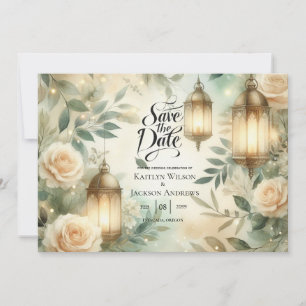 Reserva La Fecha Verde Salvia y Rosa Marfil Linterna Save the Date