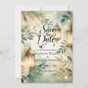 Reserva La Fecha Verde Salvia y Rosa Marfil Linterna Save the Date