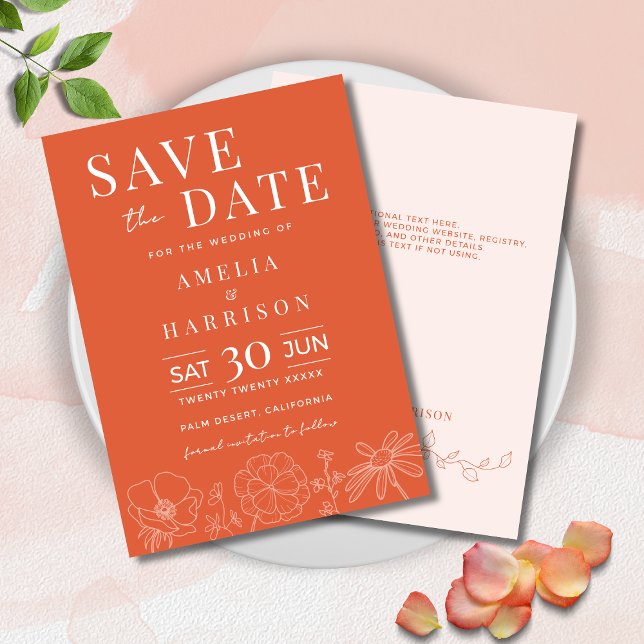 Reserva La Fecha Verona Sunset Bright Naranja Elegant Boda Floral (Verona Sunset Bright Orange Floral Wedding Save the Date with Line Art, Optional Text on Back.)