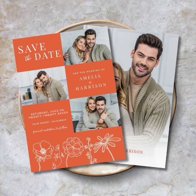 Reserva La Fecha Verona Sunset Elegant Floral Cuatro Bodas Fotográf ( Verona Sunset Elegant Floral 4 Photo Wedding Save the Date, Line Art, 3 front photos, 1 on back.)