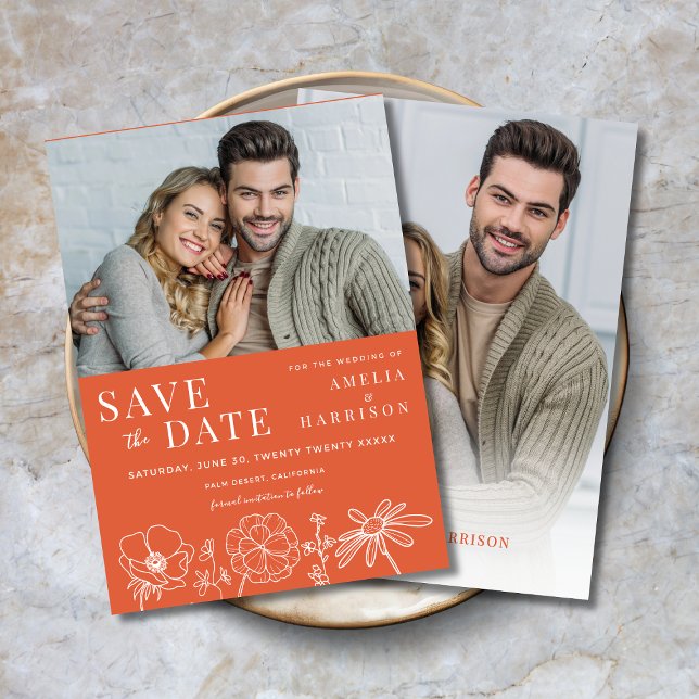 Reserva La Fecha Verona Sunset Naranja Floral Dos Bodas de fotograf (Verona Sunset Orange Floral Two Photo Wedding Save the Date with Line Art Flowers.)