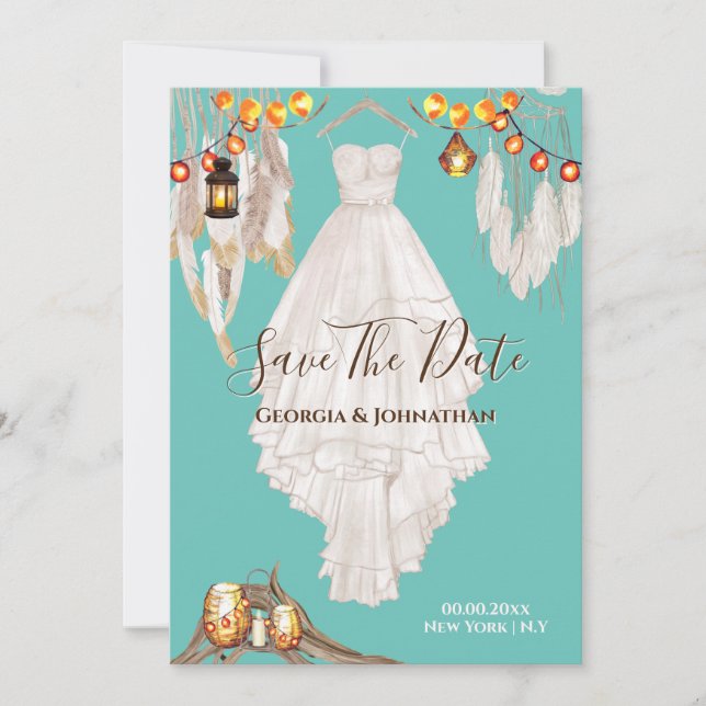 Reserva La Fecha Vestido de macramé boho con luces de hadas en azul (Anverso)