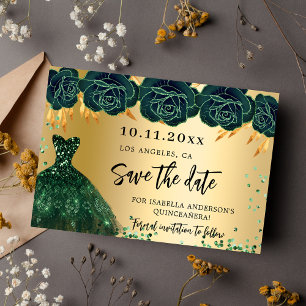 Reserva La Fecha Vestido de quinceañera esmeralda verde flores dora