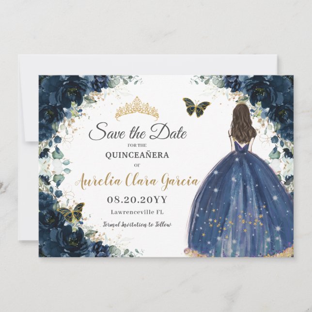 Reserva La Fecha Vestido floral azul marino Quinceañera Salva la fe (Anverso)