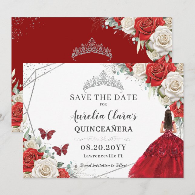 Reserva La Fecha Vestido floral rojo blanco plateado Quinceanera du (Anverso / Reverso)