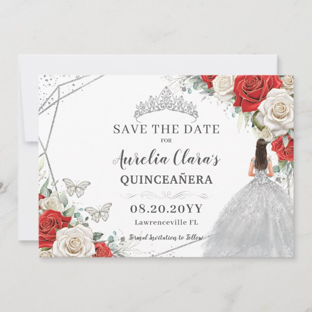 Reserva La Fecha Vestido rojo blanco floral plateado Quinceanera du (Anverso)