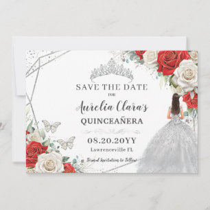 Reserva La Fecha Vestido rojo blanco floral plateado Quinceanera du